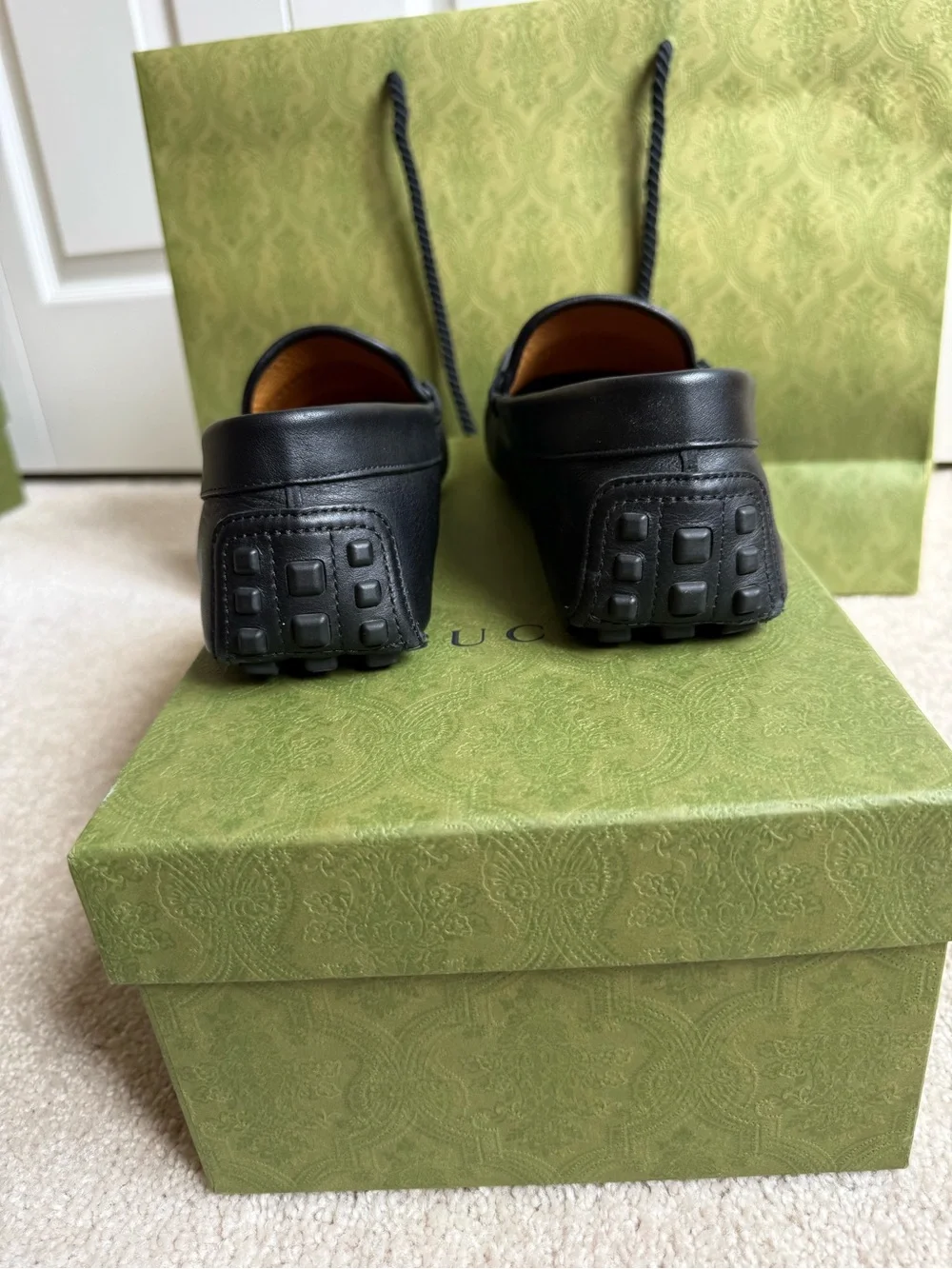 Gucci Black Leather Loafers with Green-Red Web & Gold Horsebit